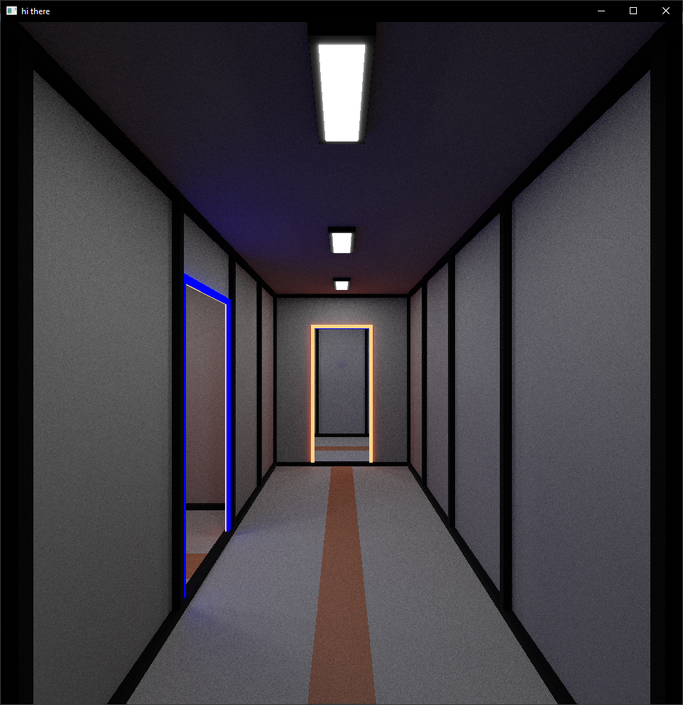 a bright white corridor is shown, there is an orange strip going down the middle and rectangular lamps overhead, with small black seperators along the wall every 2 or so meters, at the end of the corridor is an orange portal which leads to a blue portal on the left wall, there is a very slight glow from the portal colors